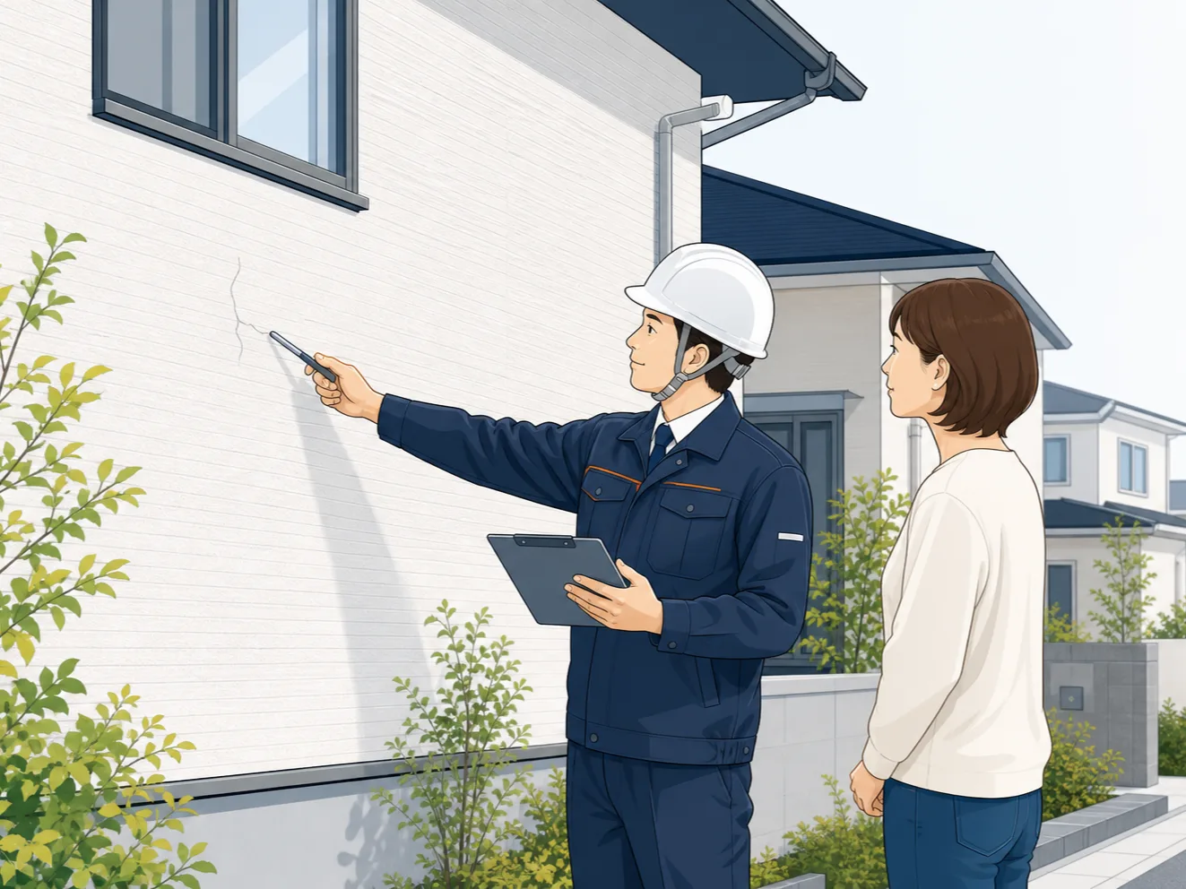 外壁の劣化状況を現地で確認するイラスト
