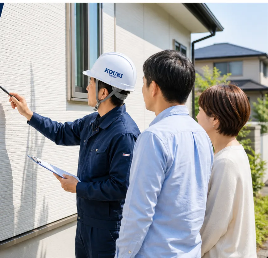 外壁を確認する職人とお客様